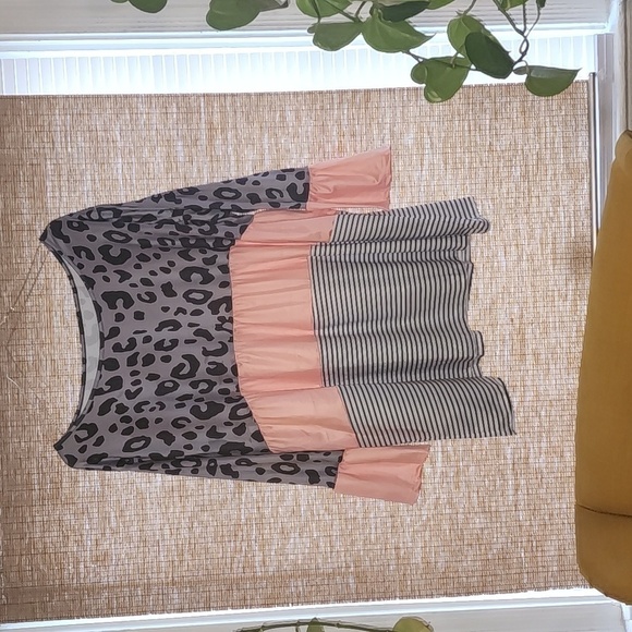 Striped, Leopard Print and Satin Round Neck Top - Picture 2 of 4